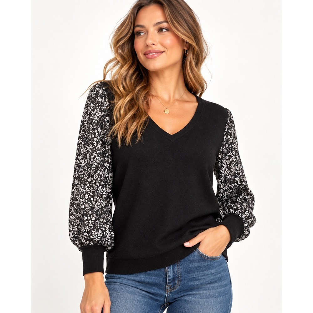 Adrianna Papell Black Floral Sleeve V-Neck Sweater Dark Academia Romantic Chic M
